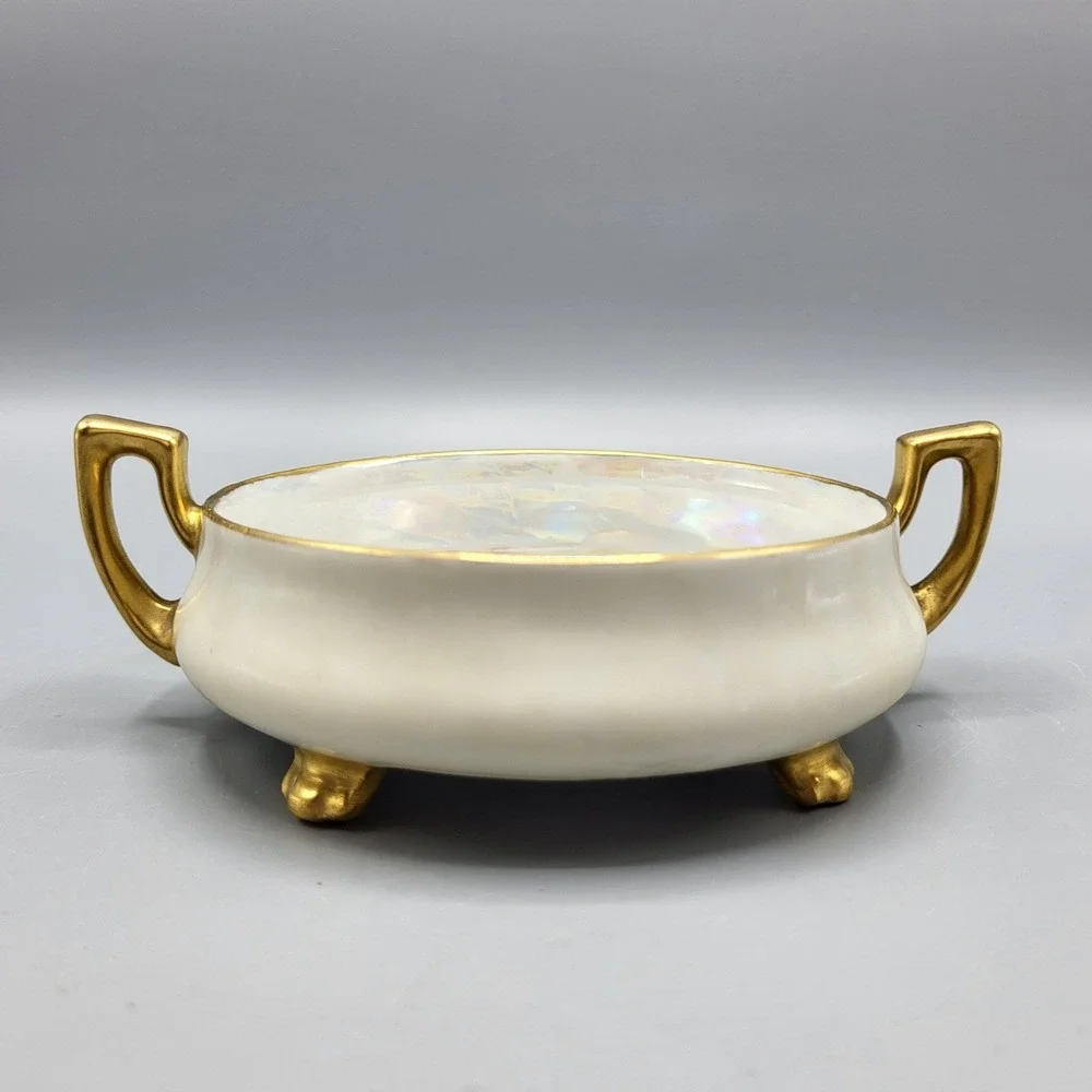 Prov Saxe Germany Trinket Dish Set Vintage Lusterware Gold Trim Footed White